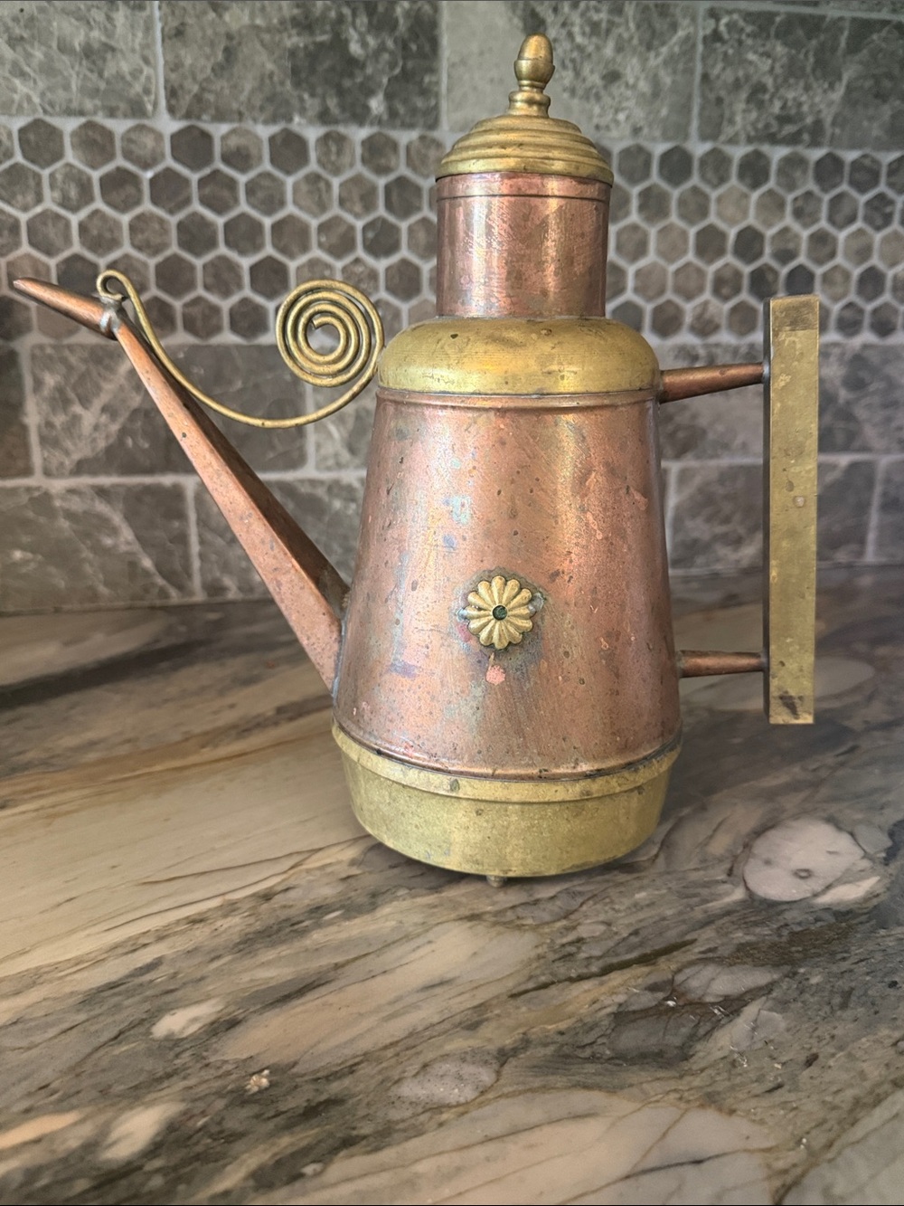 Vintage Italian Copper & Brass Decorative Teapot, olive oil holder